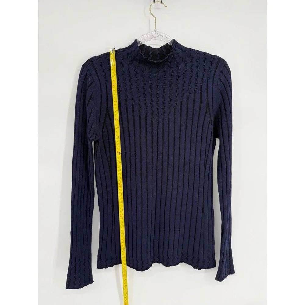 White House Black Market Navy Blue Ribbed Mock Neck Chevron Stripe Sweater Sz L